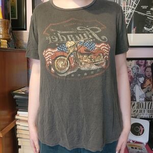 Altar'd State "Thunder" grey tee with American flag and motorcycle graphic Tee